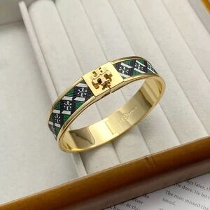 Tory Burch 18 K gold plated brass bangle in green multi